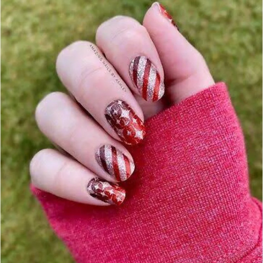 Color Street Retired WRAP IT UP Red and Silver Glitter Stripes Nail Set